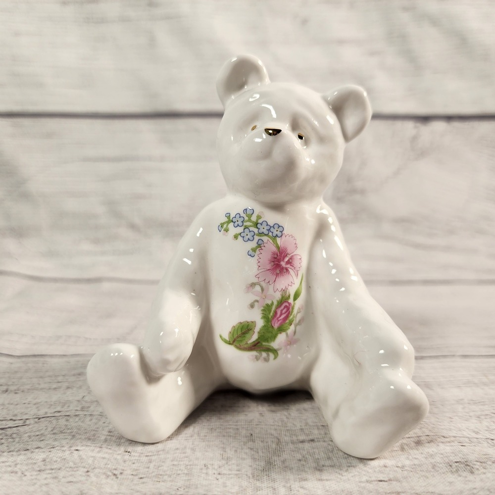 Aynsley Fine Bone China Teddy Bear Figurine Wild Tudor Floral Made in England